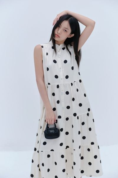  Cream Dot Loose Maxi Dress 