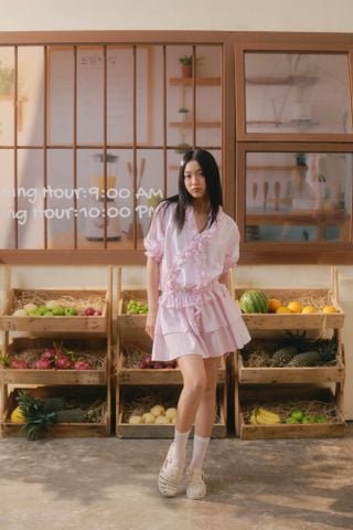 Váy babydoll phối bèo Pink Striped Ruffle Mini Dress