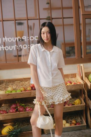 Áo sơ mi crop top White Cotton Short Sleeve Collar Shirt