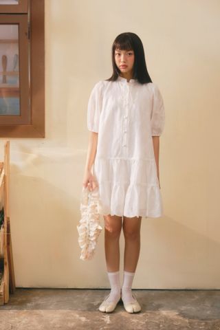 Đầm babydoll White Puff Sleeve Layered Babydoll Dress đi học đi làm