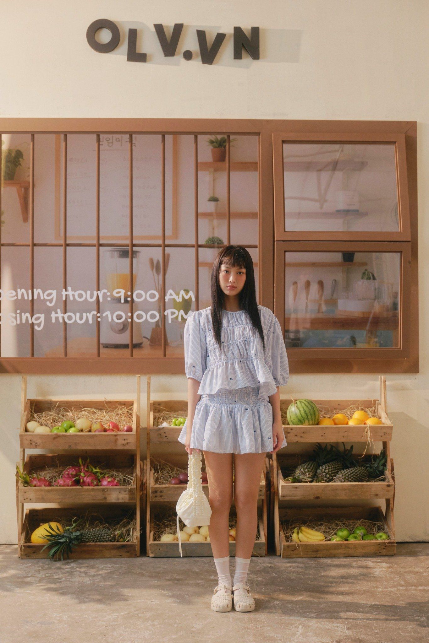 Striped Ruffled Puff Sleeve Set nhiều màu