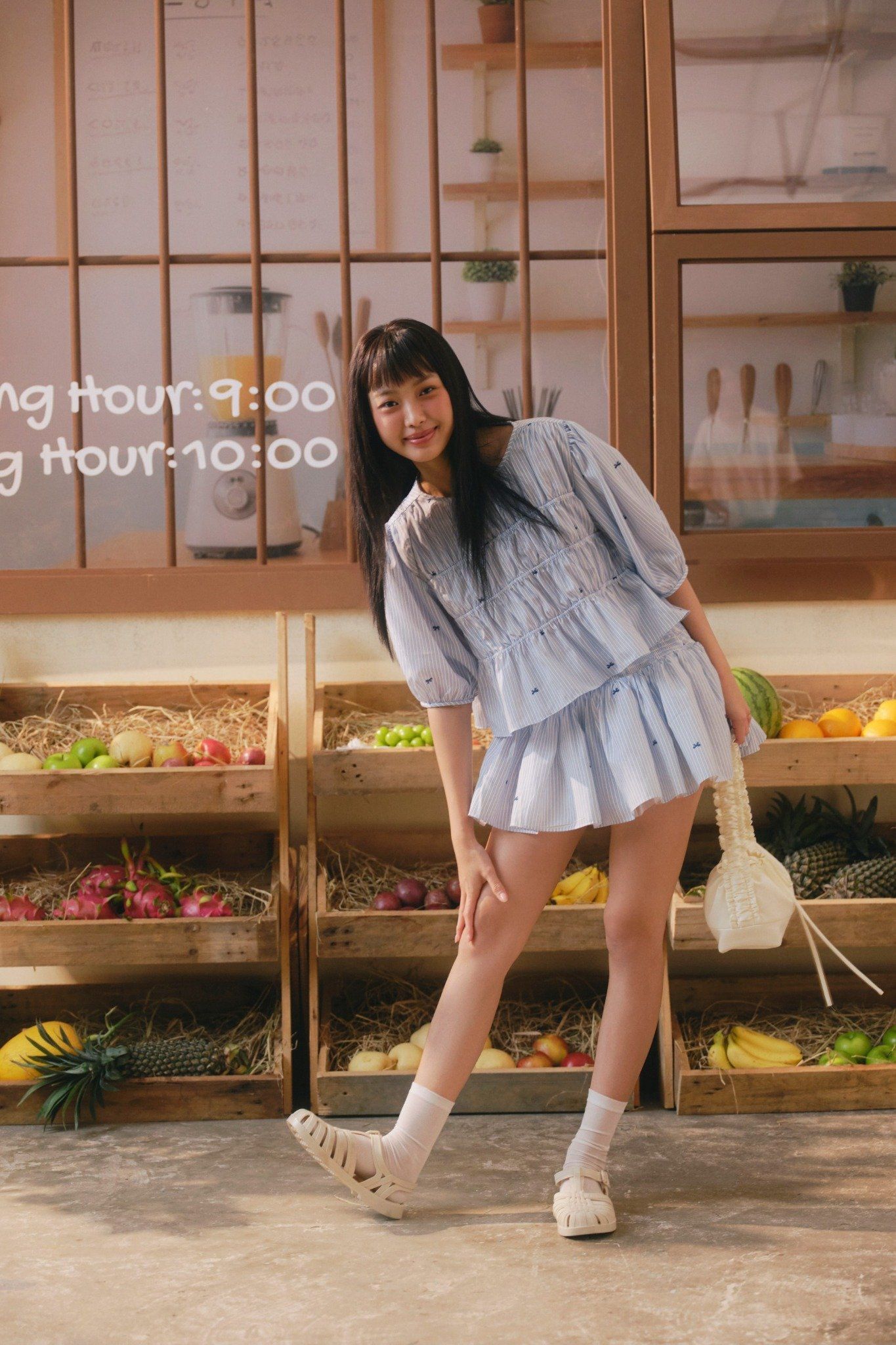 Striped Ruffled Puff Sleeve Set nhiều màu