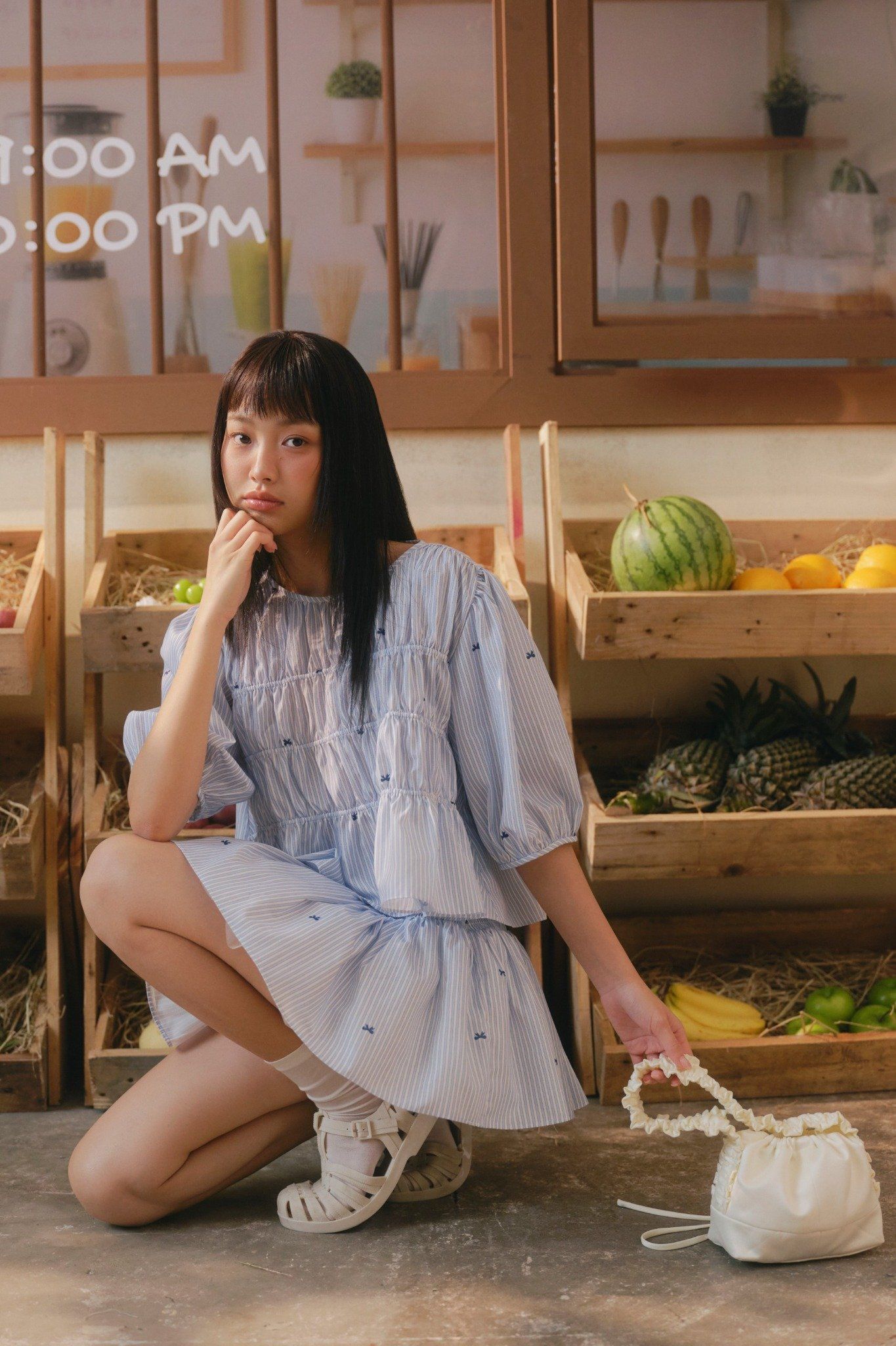 Striped Ruffled Puff Sleeve Set nhiều màu