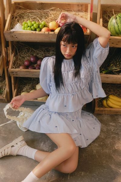  Striped Ruffled Puff Sleeve Set nhiều màu 