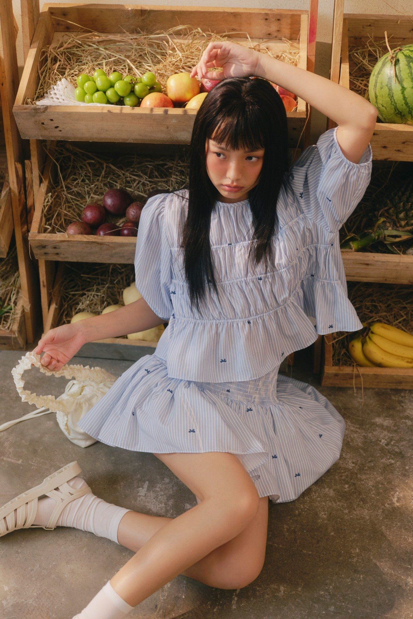 Striped Ruffled Puff Sleeve Set nhiều màu