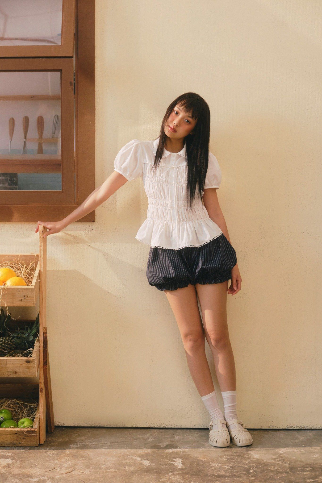 Áo White Puff Smocked Peplum Shirt