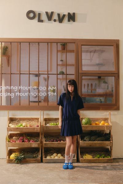  Navy V Neck Pleated Mini Set 