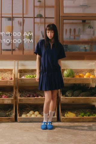 Set váy suông Navy V Neck Pleated Mini Set