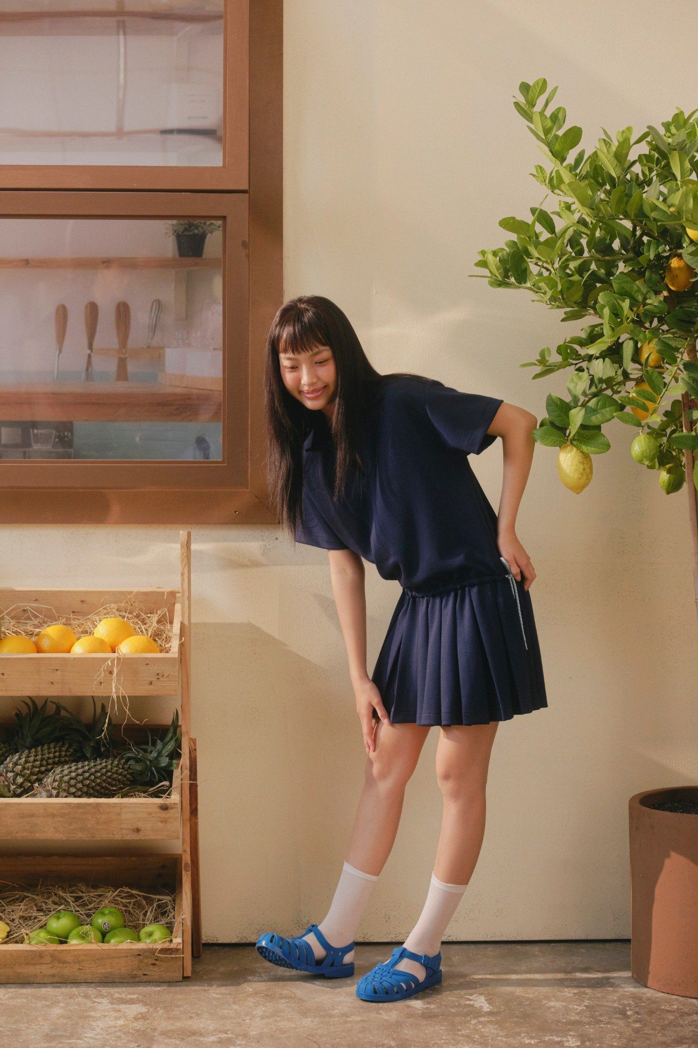 Navy V Neck Pleated Mini Set