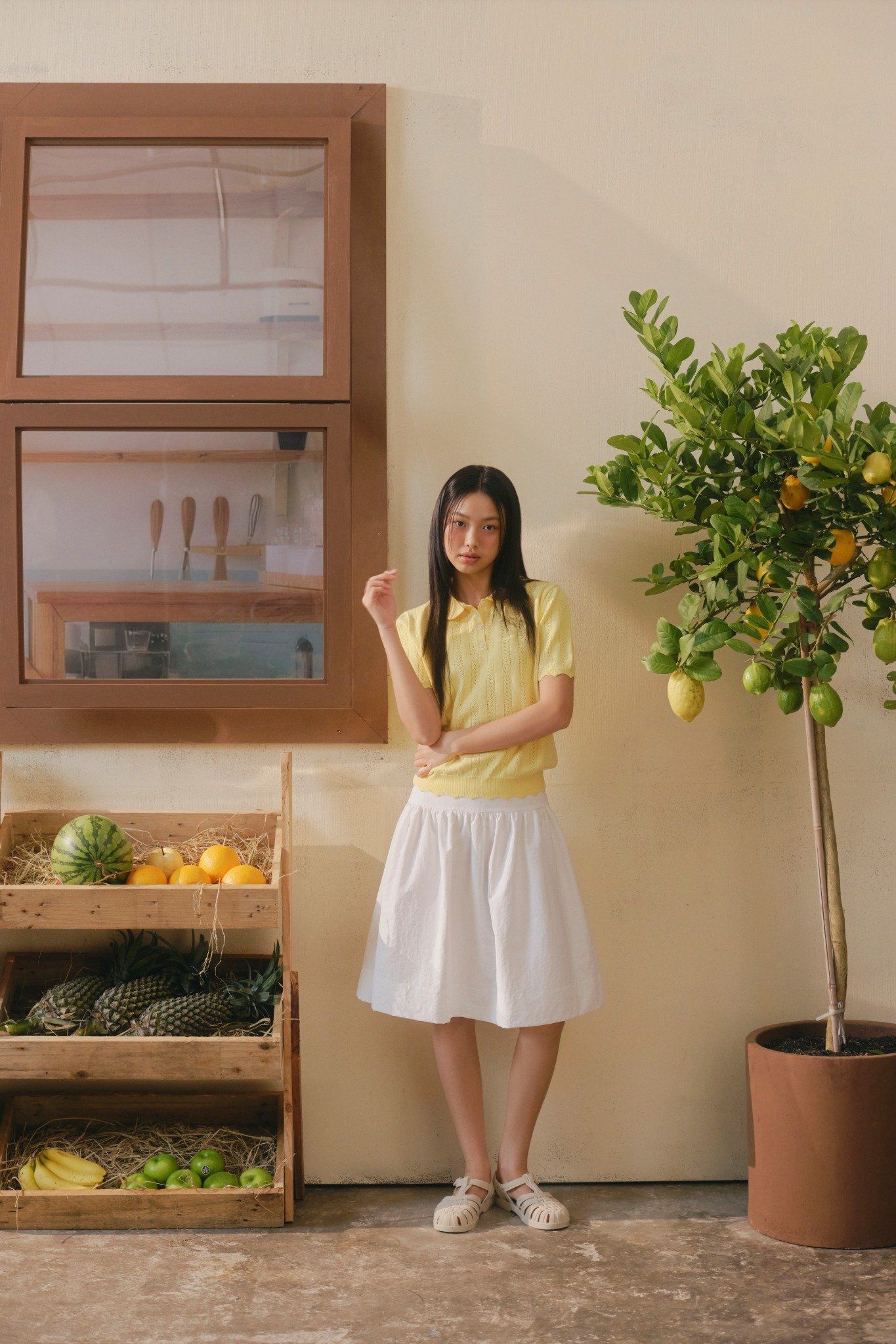 Chân váy White Cotton Midi Flared Skirt