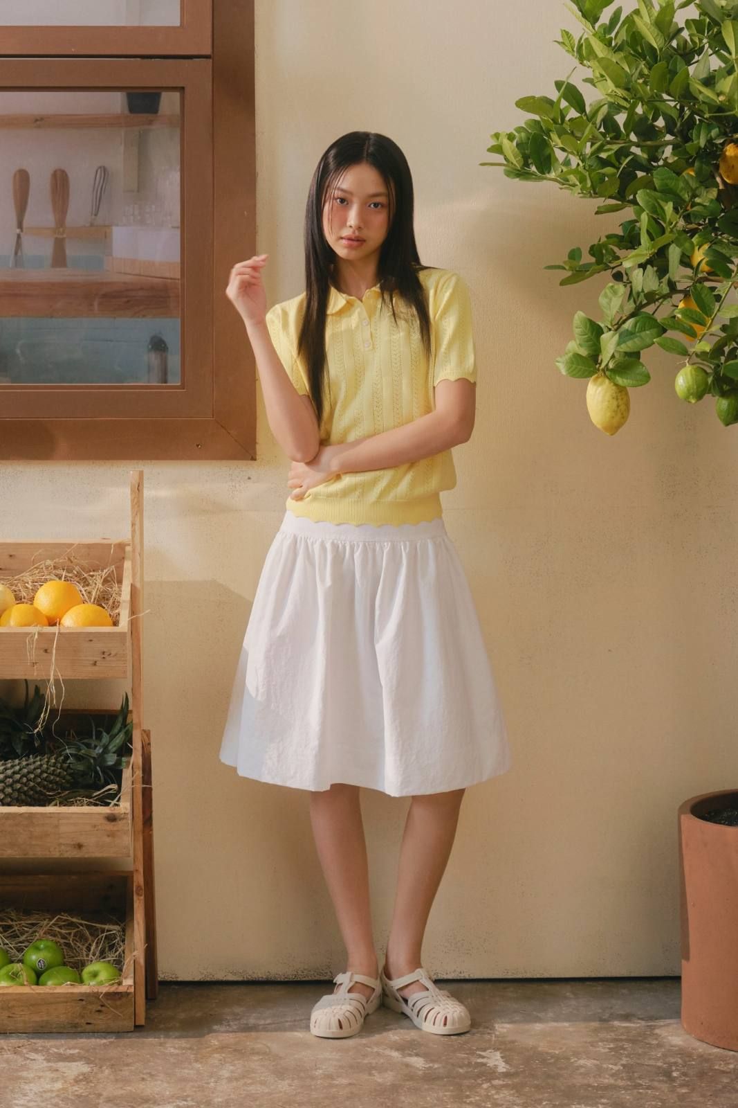 Chân váy White Cotton Midi Flared Skirt
