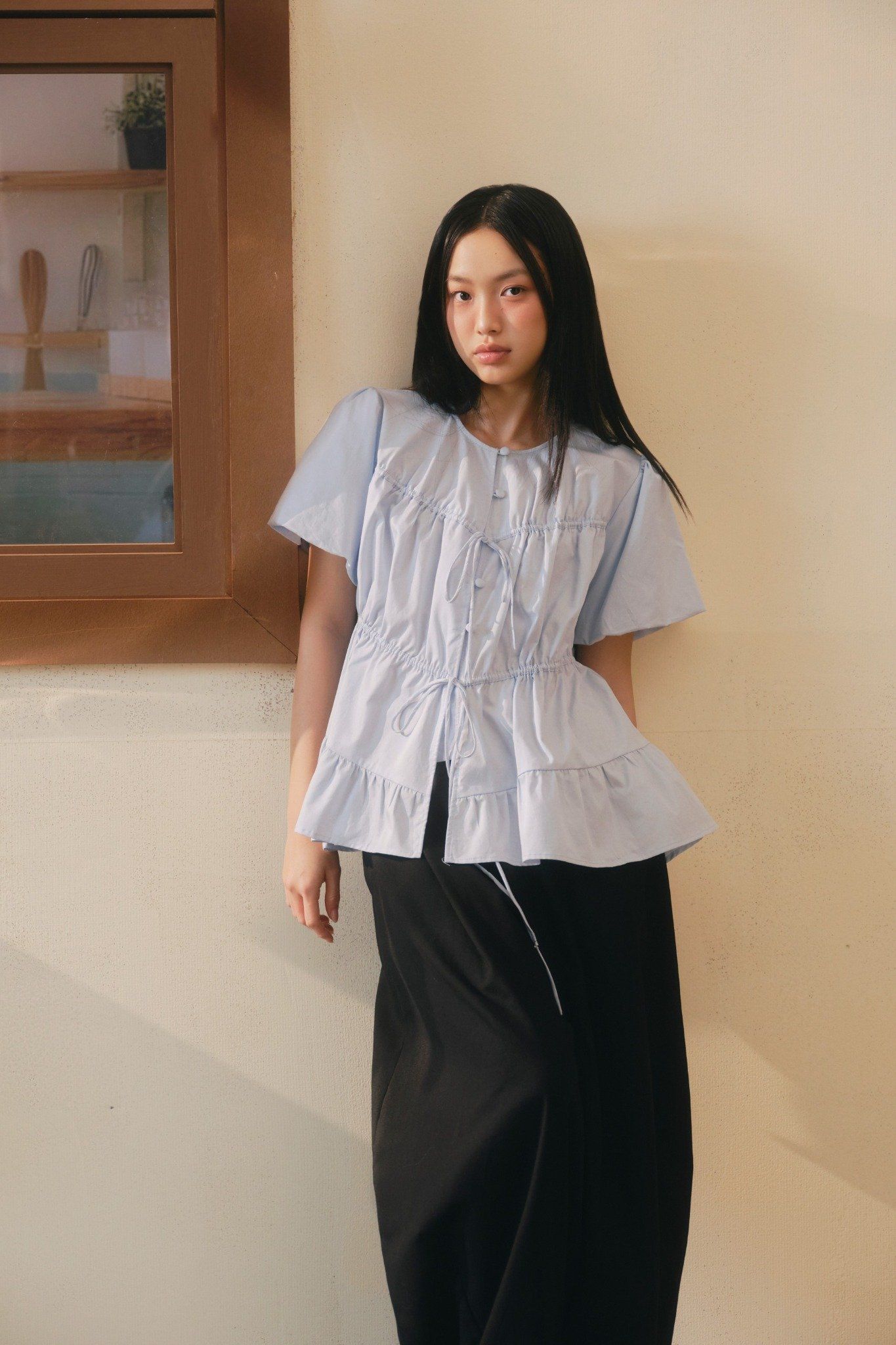 Áo Drawstring Ruffle Babydoll Shirt nhiều màu