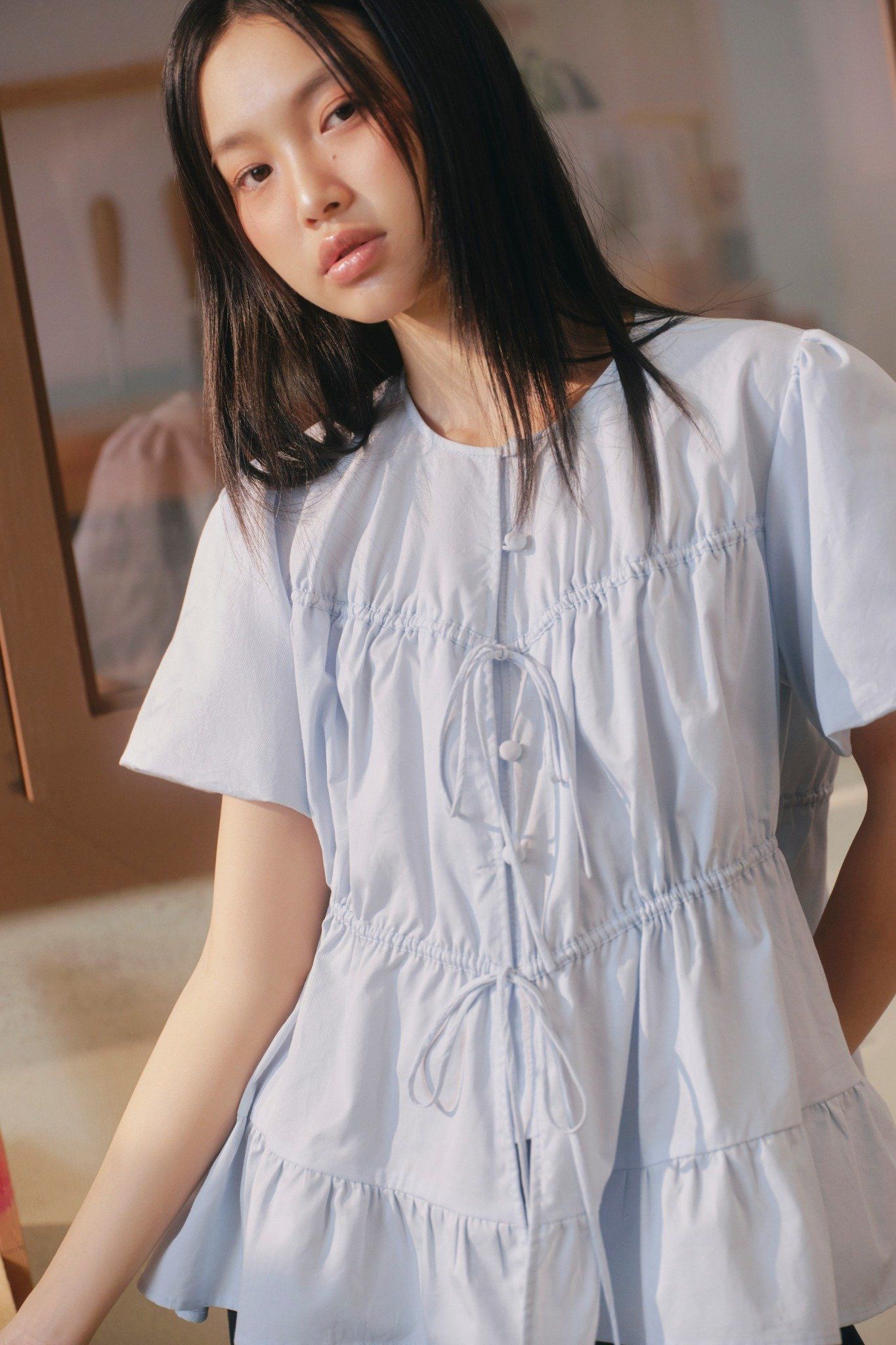 Áo Drawstring Ruffle Babydoll Shirt nhiều màu