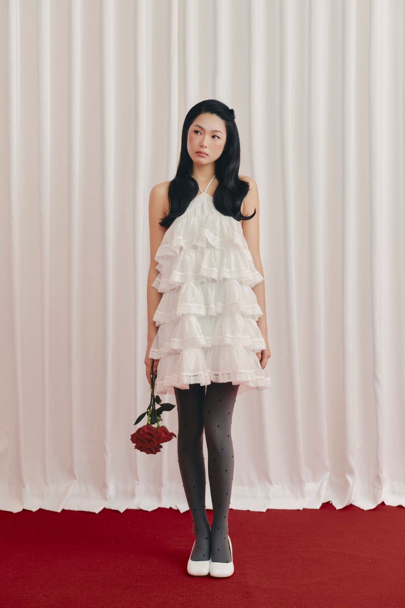 Váy tiệc dáng tầng cổ yếm White Chiffon Layered Ruffled Halter Mini Dress