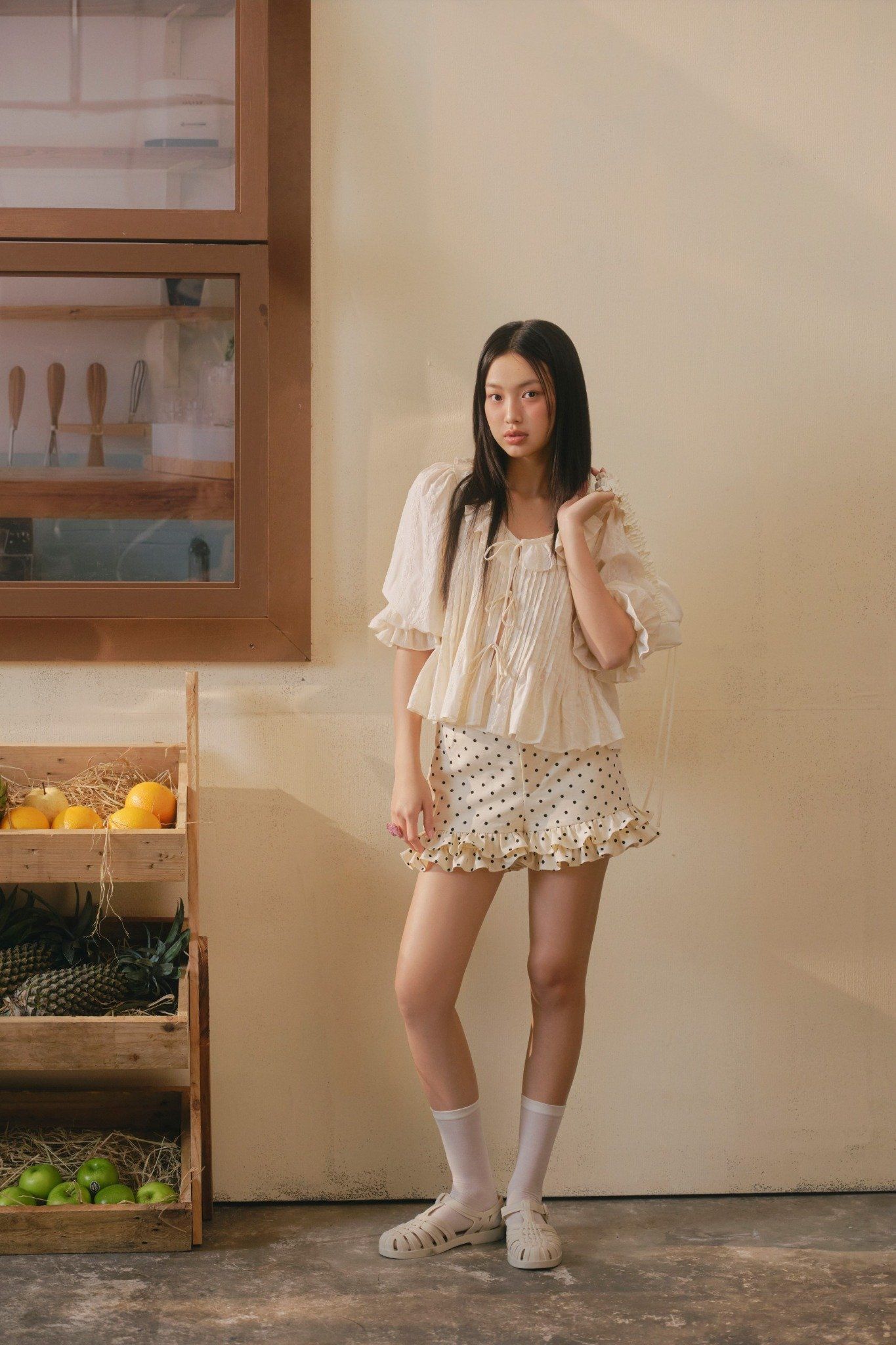 Áo Beige Cotton Ruffled Tie Front Shirt