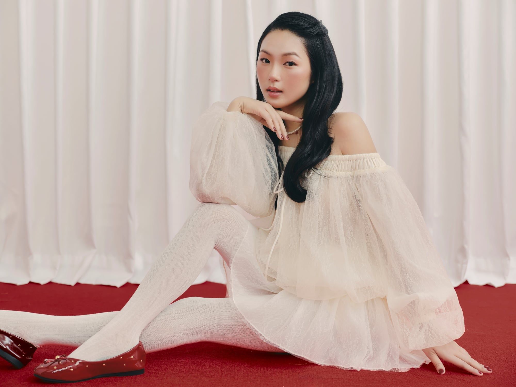 Váy tiệc dáng bí trễ vai Ivory Chiffon Off Shoulder Puff Mini Dress