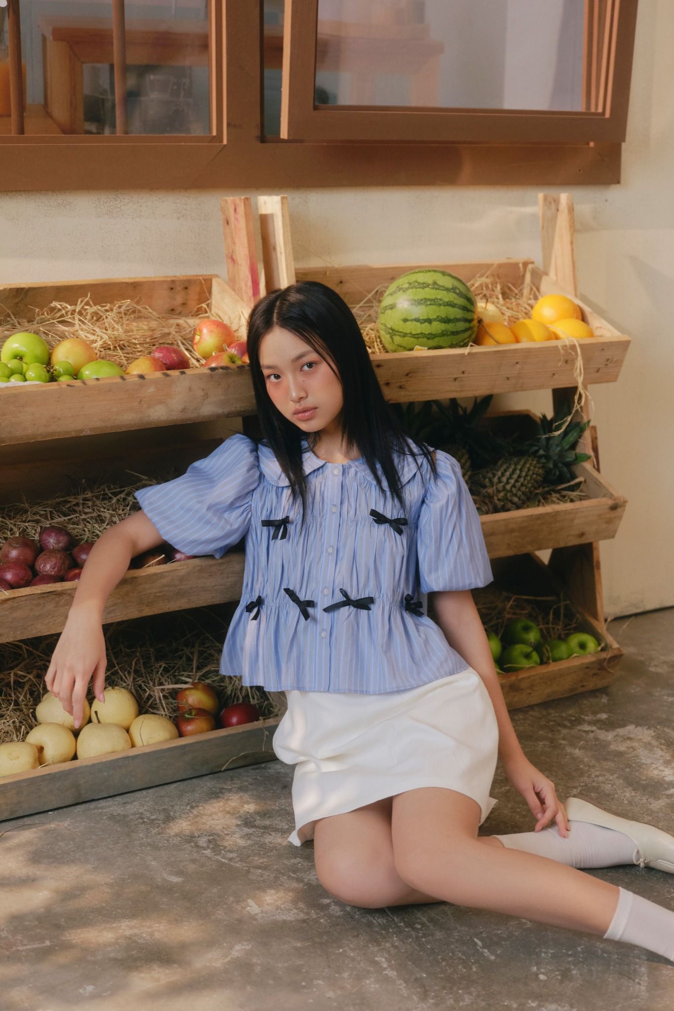 Áo Blue Kate Striped Puff Sleeve Shirt