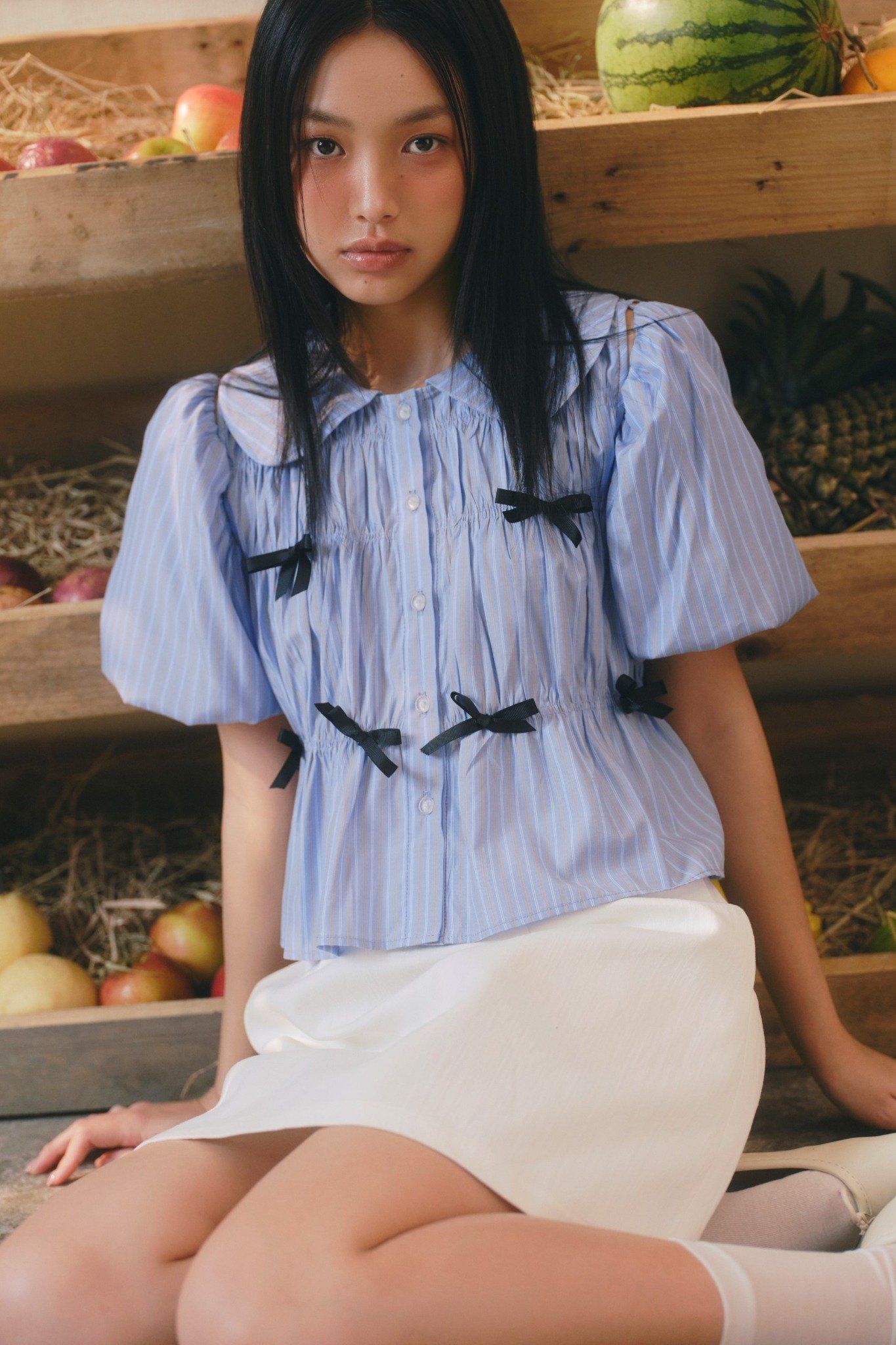 Áo Blue Kate Striped Puff Sleeve Shirt