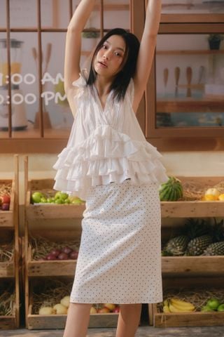 Áo babydoll cổ V White Muslin Tiered Ruffled V Neck Top