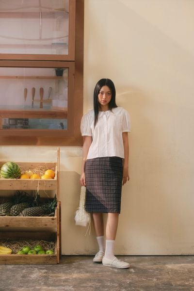  Áo White Linen Puff Sleeve Collar Shirt 