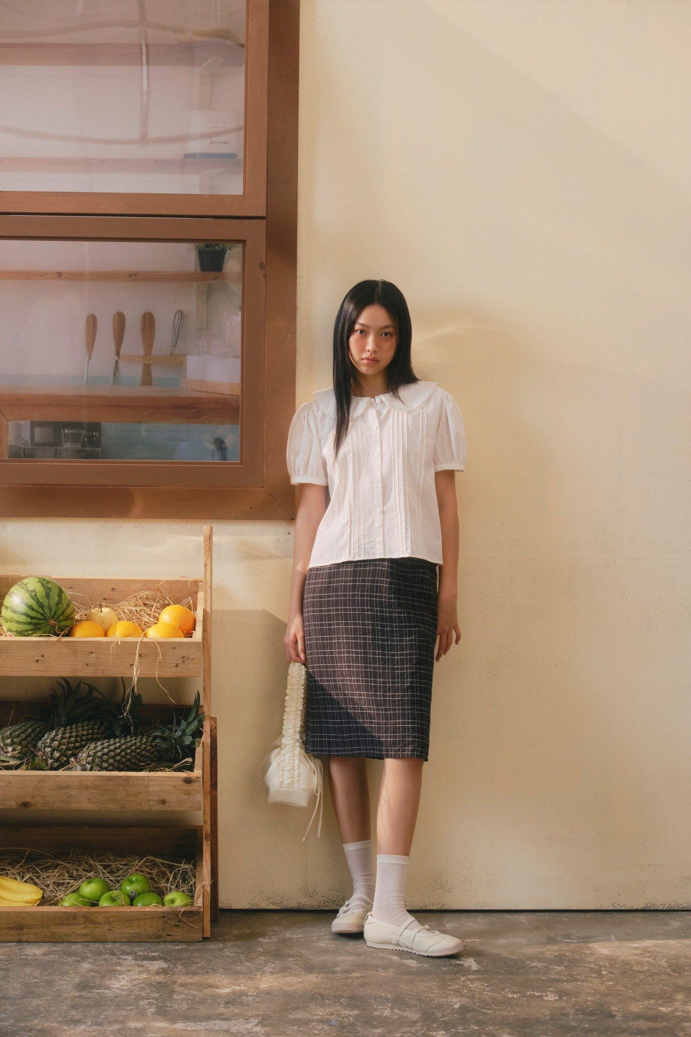 Áo White Linen Puff Sleeve Collar Shirt