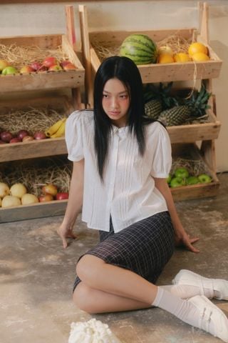 Áo White Linen Puff Sleeve Collar Shirt