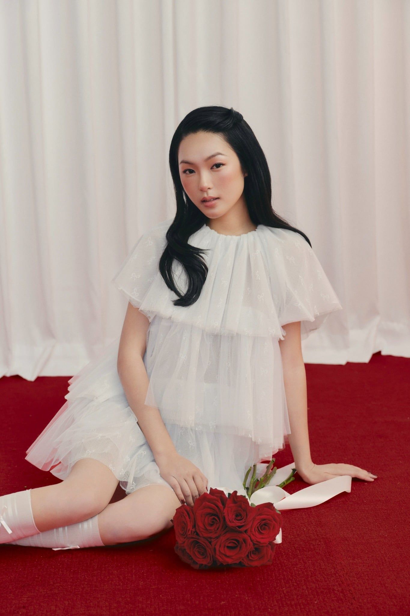 Váy tiệc dáng tầng White Chiffon Bowy Layered Mini Dress