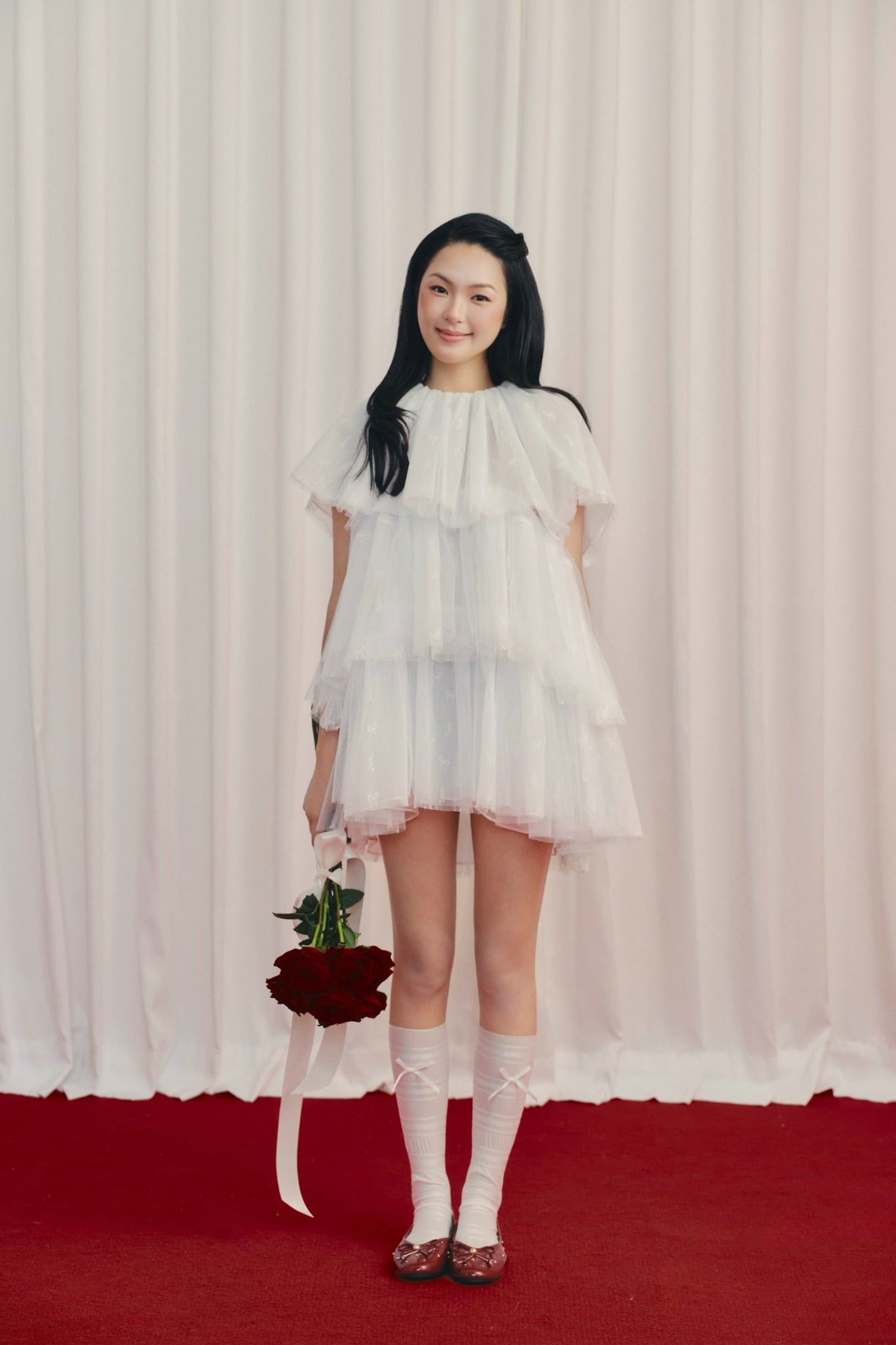 Váy tiệc dáng tầng White Chiffon Bowy Layered Mini Dress