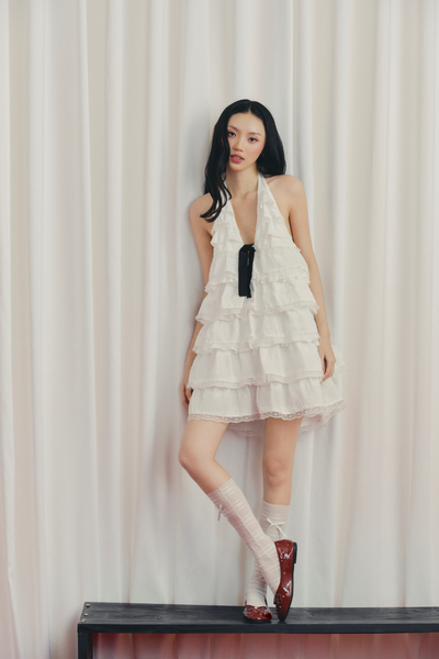  Váy tiệc cổ yếm White Cotton Halter Tiered Mini Dress 