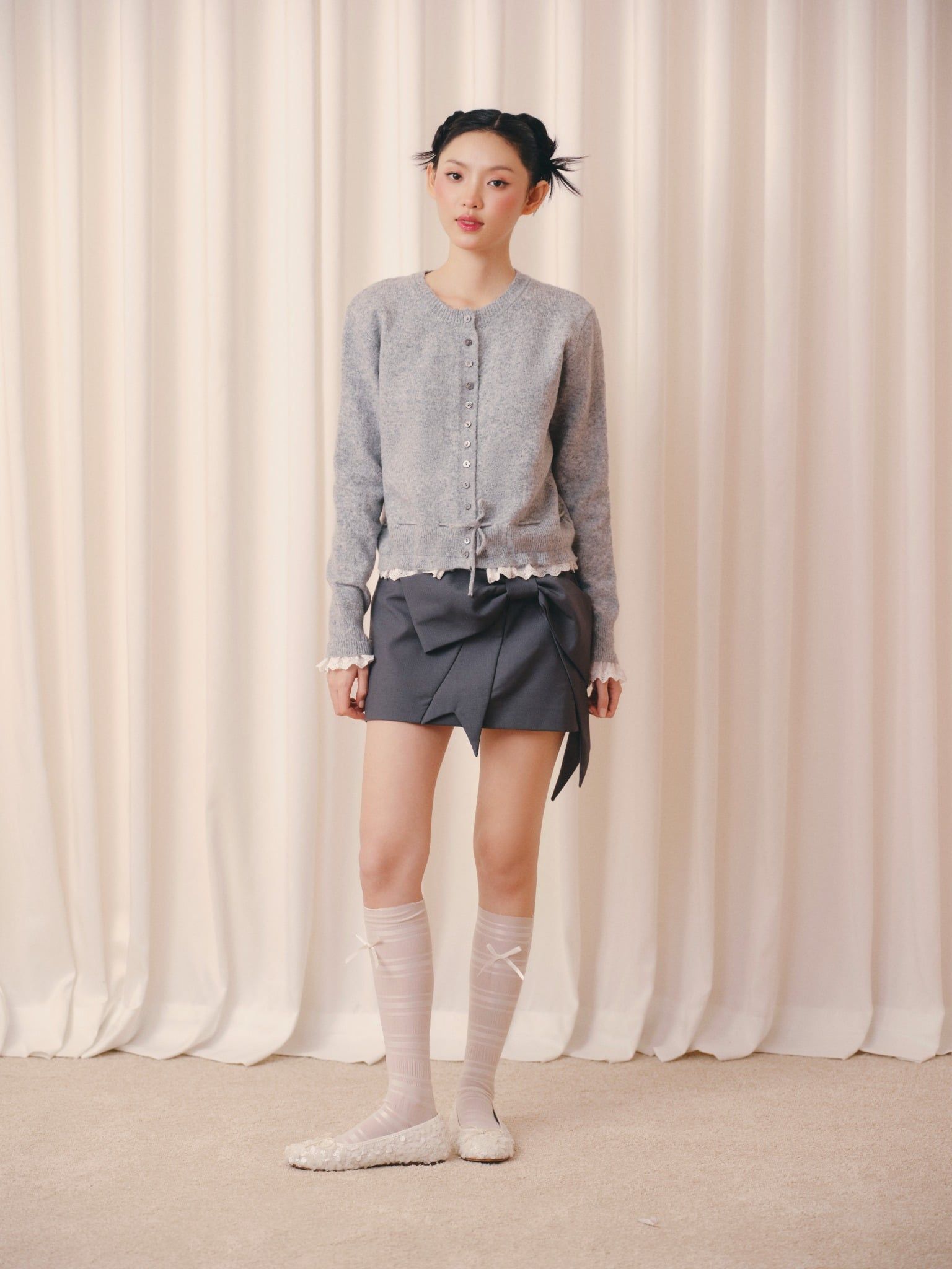 Áo len dệt kim viền trắng Knit Trim Long Sleeve Top nhiều màu