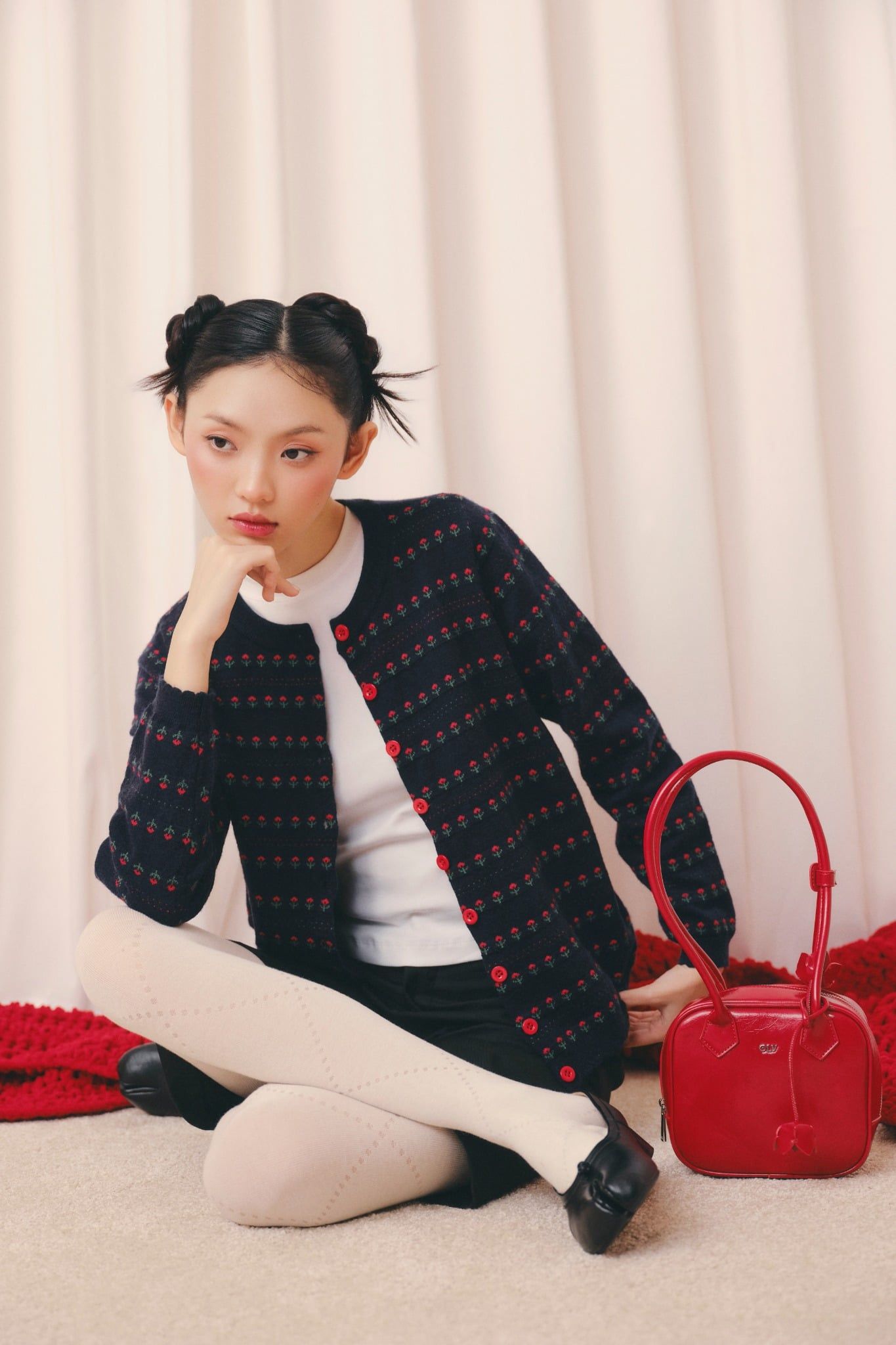 Áo len Navy Jacquard Knit Buttoned Top