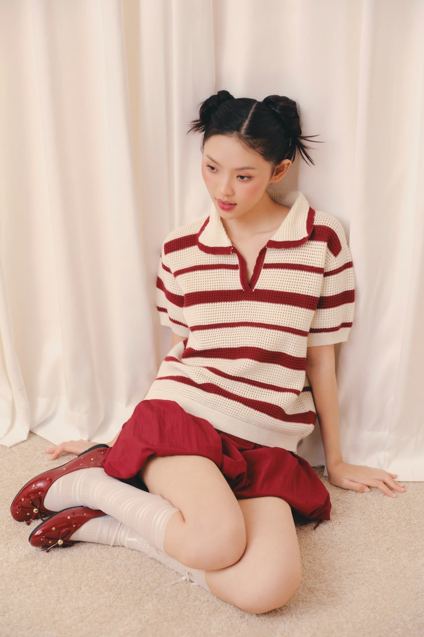 Áo Striped Knit Polo Loose Top nhiều màu