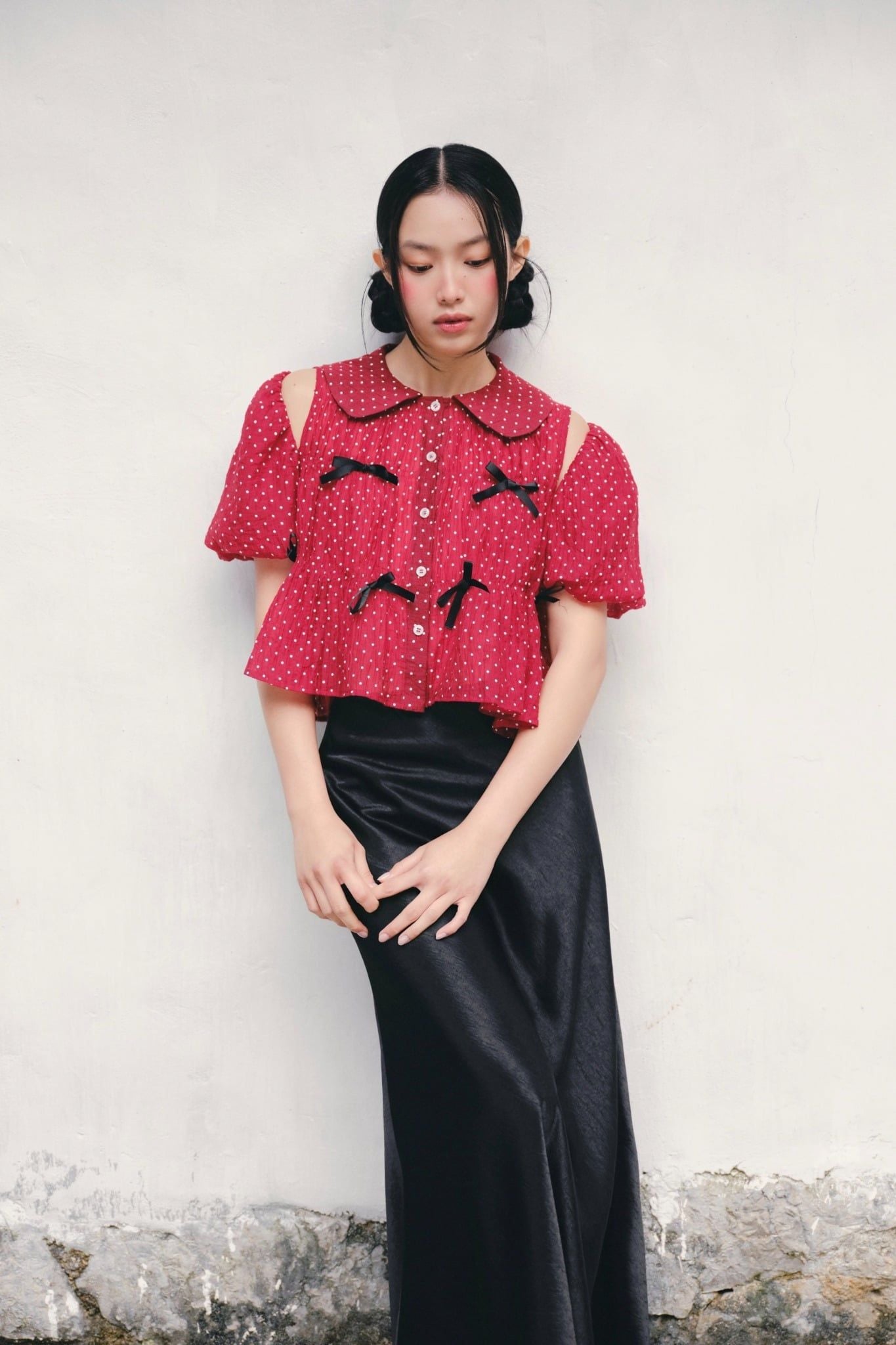 Áo babydoll phối nơ Striped Puff Sleeve Shirt nhiều màu