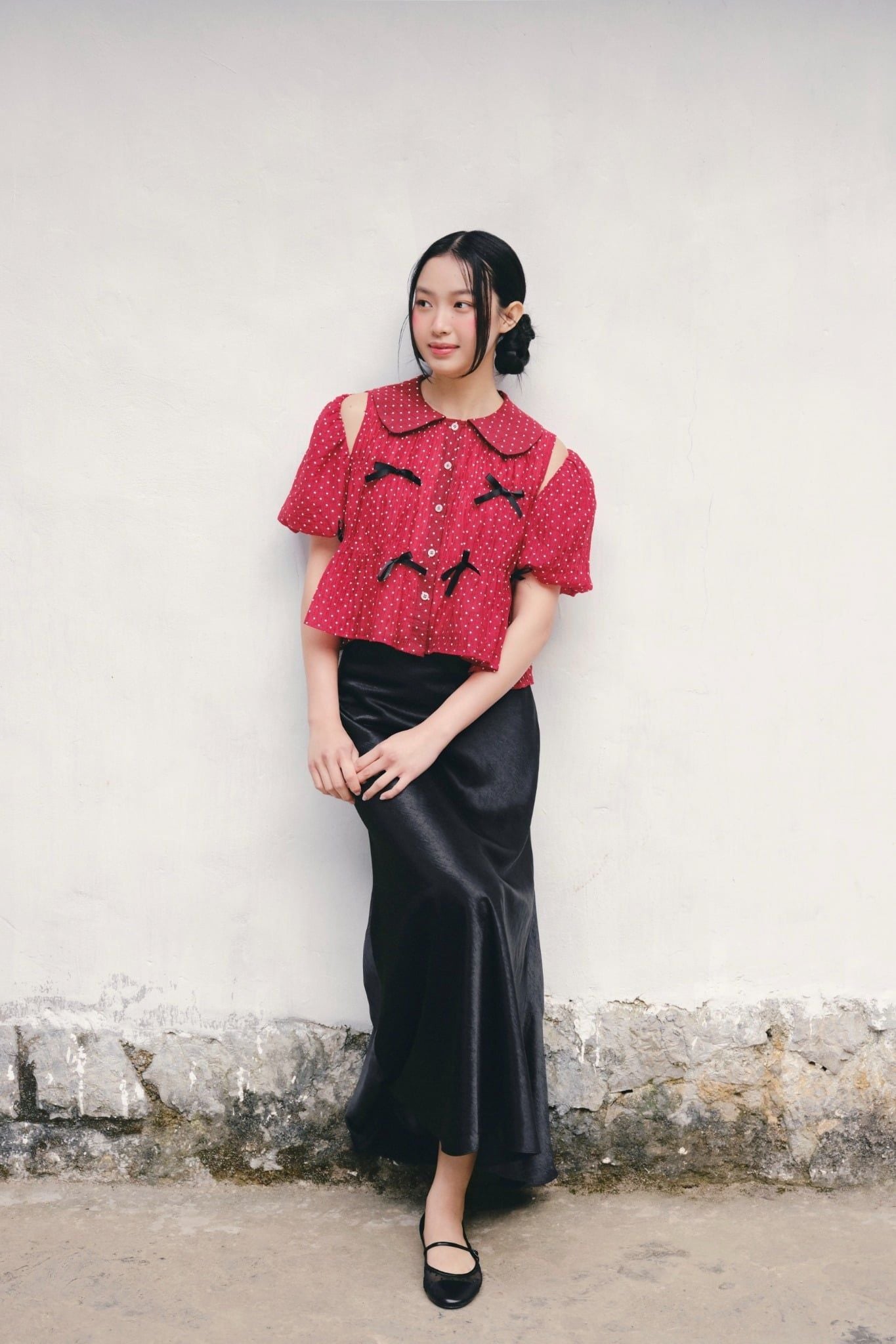 Áo babydoll phối nơ Striped Puff Sleeve Shirt nhiều màu