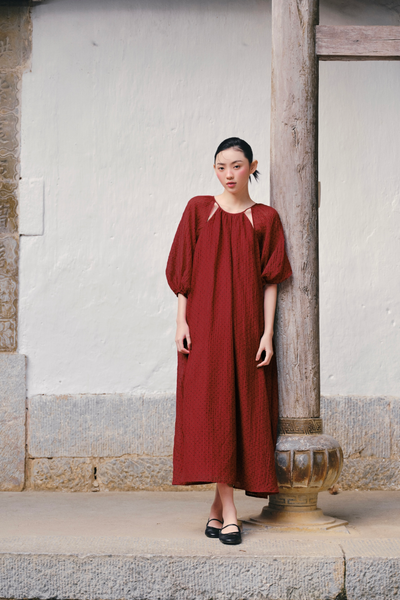  Váy suông tay bồng Red Chiffon Puff Loose Dress 