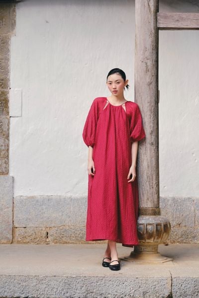  Váy suông tay bồng Red Chiffon Puff Loose Dress 
