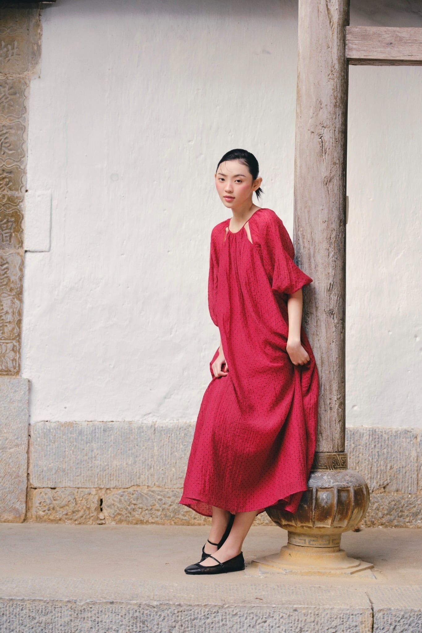 Váy suông tay bồng Red Chiffon Puff Loose Dress