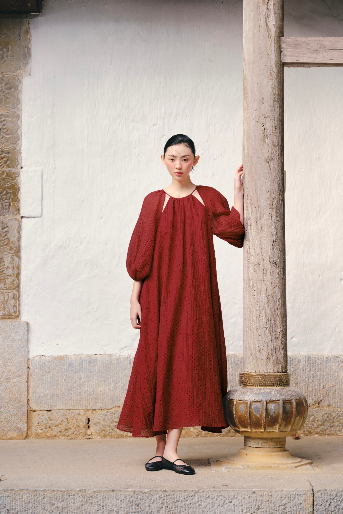 Váy suông tay bồng Red Chiffon Puff Loose Dress