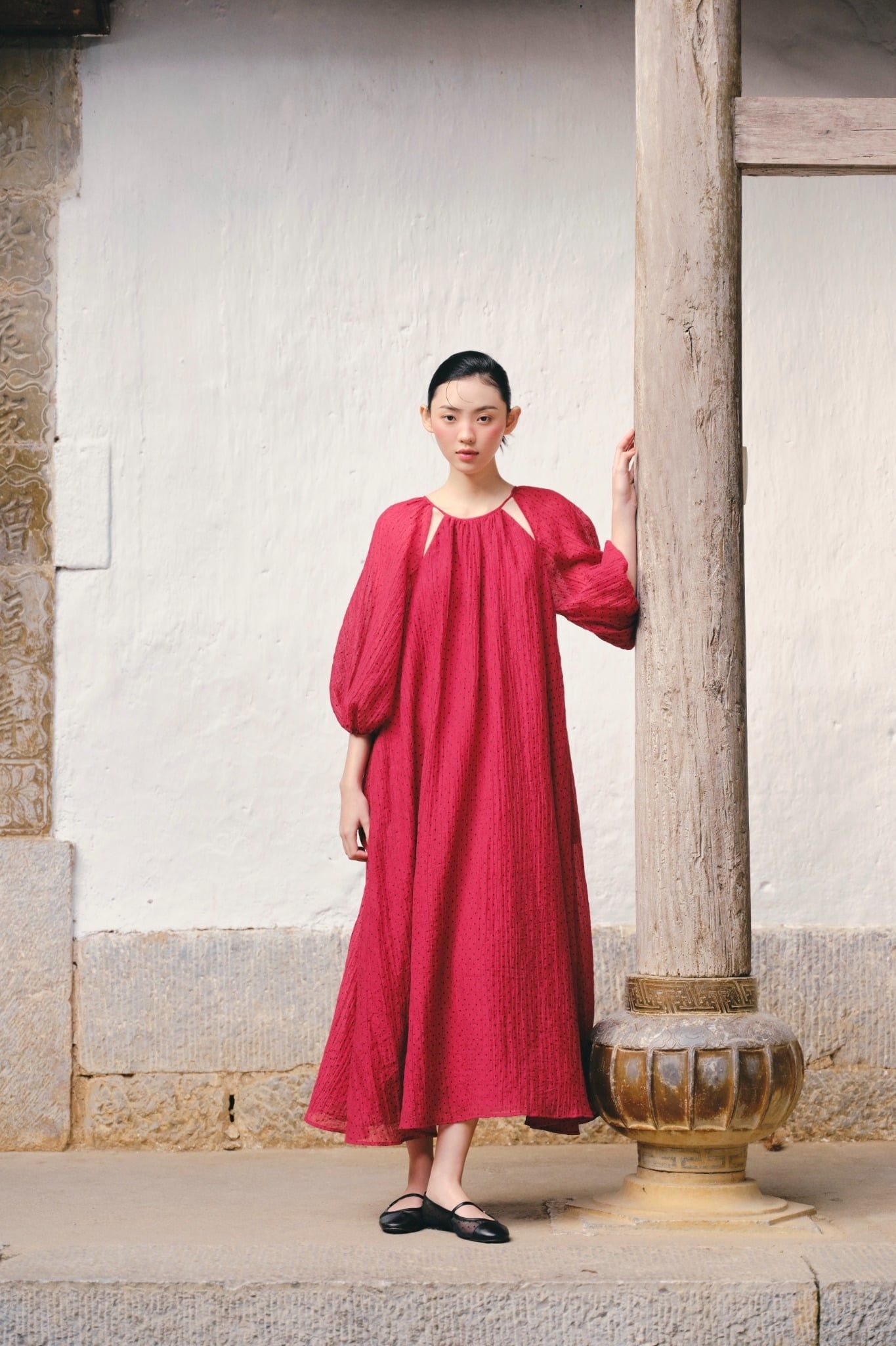 Váy suông tay bồng Red Chiffon Puff Loose Dress