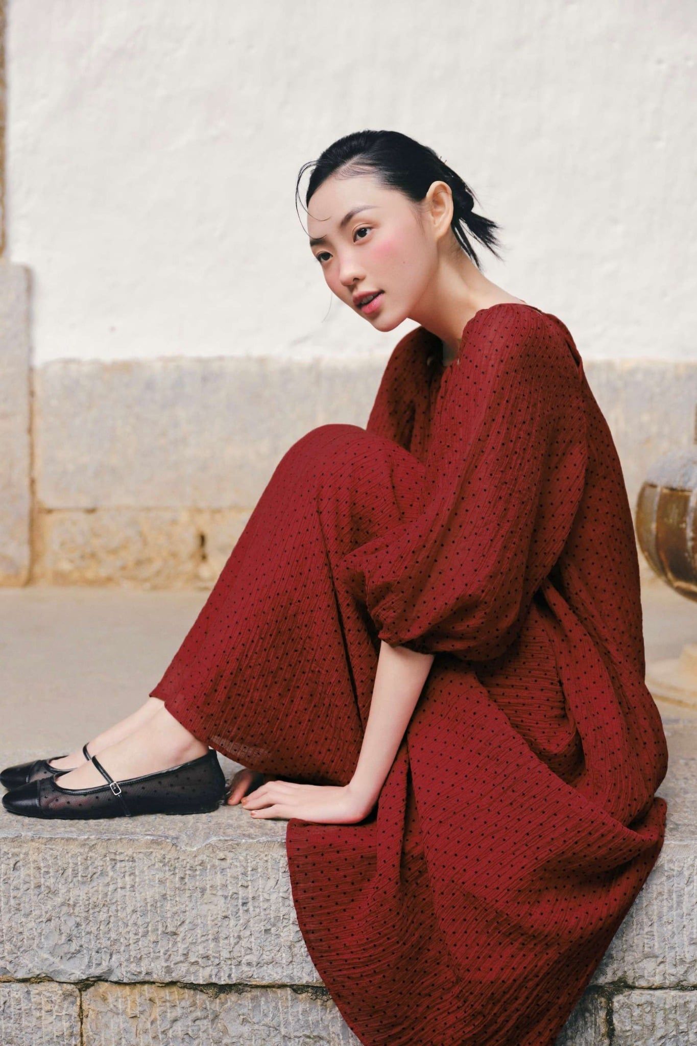 Váy suông tay bồng Red Chiffon Puff Loose Dress