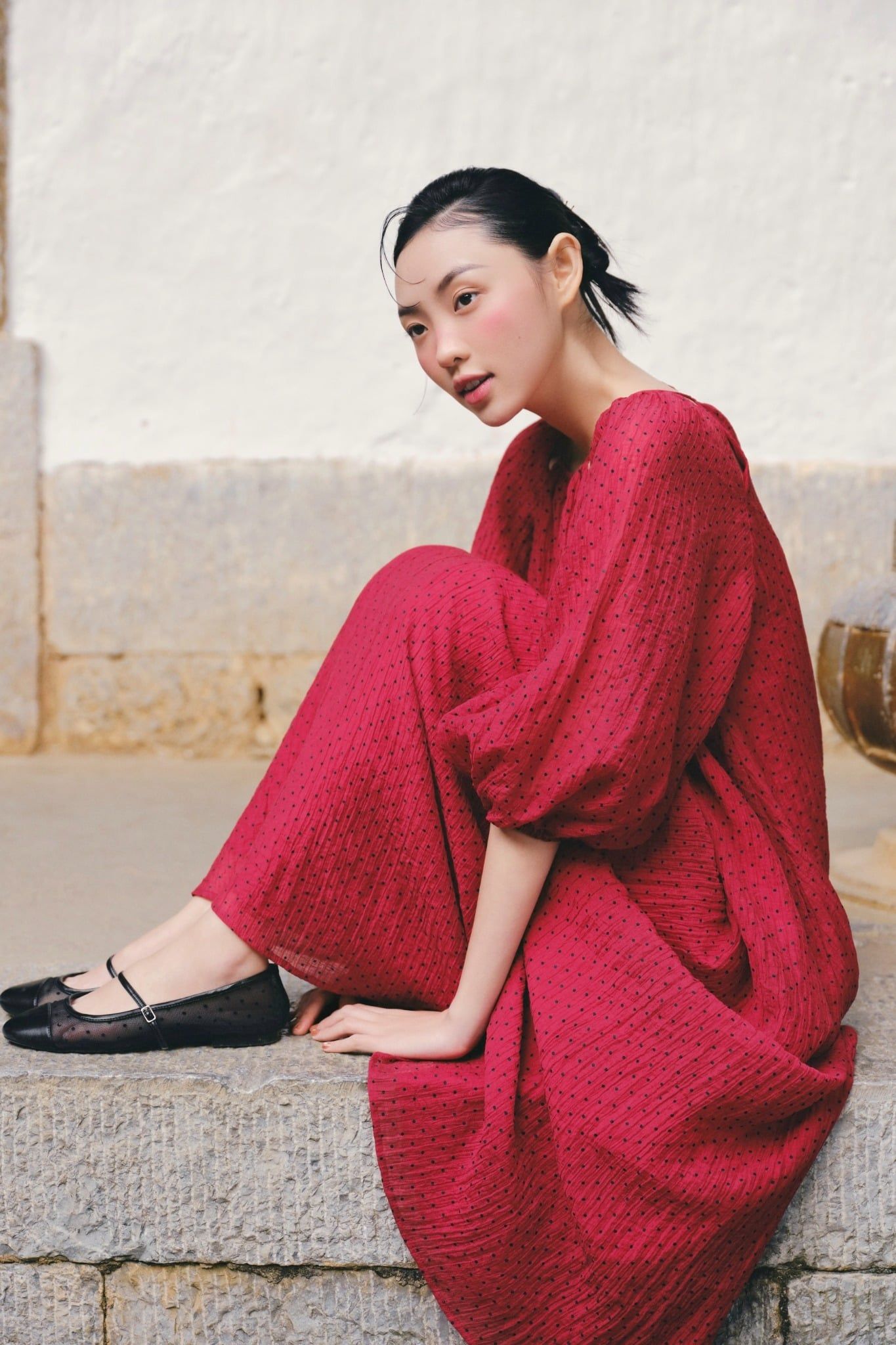 Váy suông tay bồng Red Chiffon Puff Loose Dress