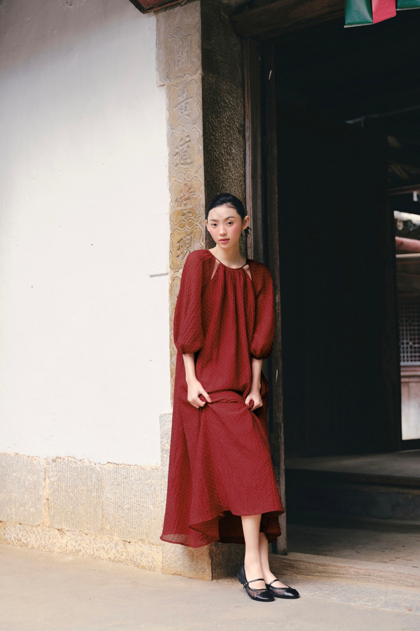 Váy suông tay bồng Red Chiffon Puff Loose Dress