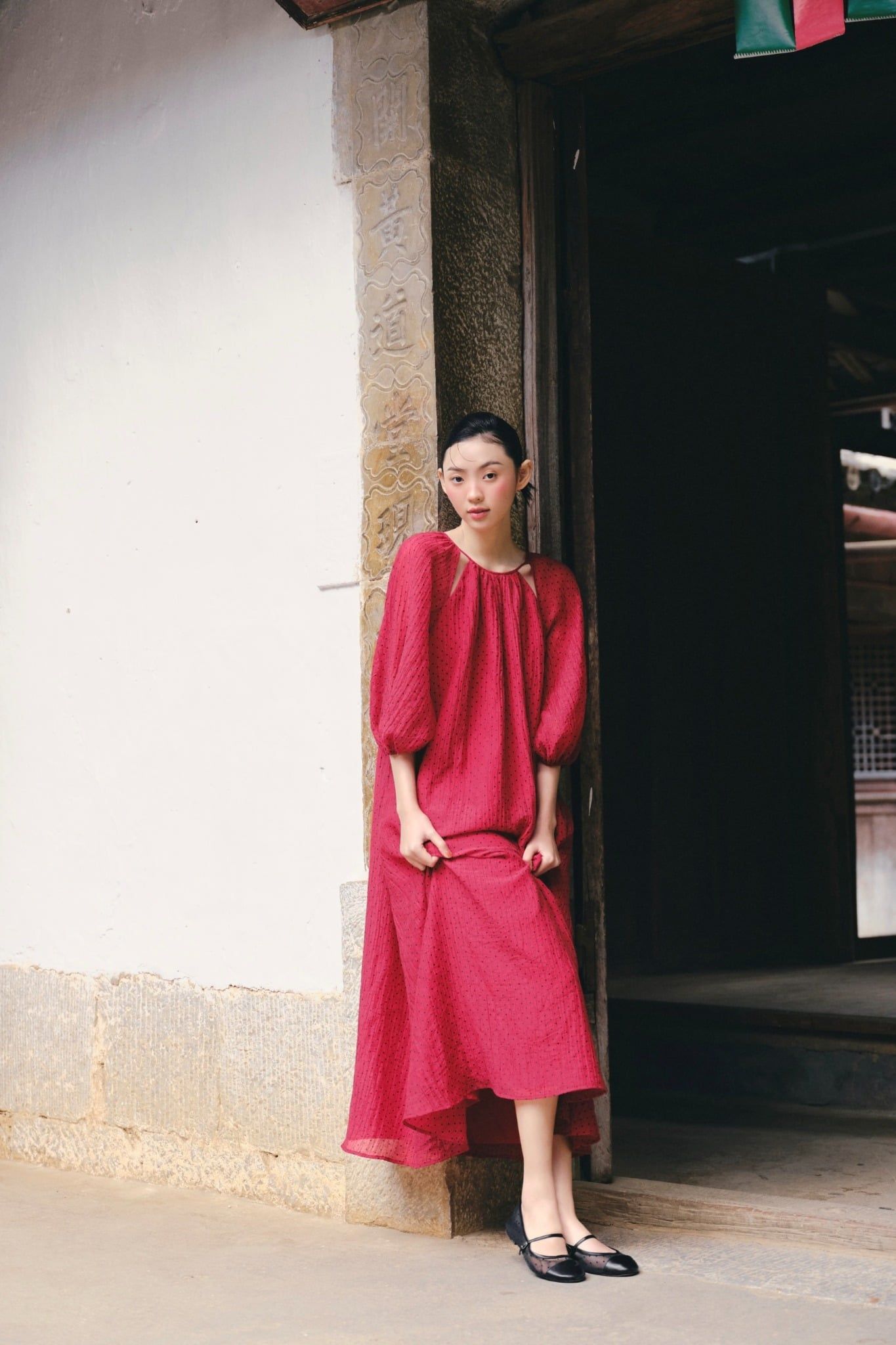 Váy suông tay bồng Red Chiffon Puff Loose Dress