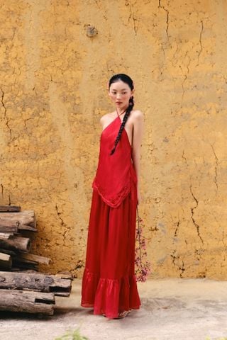 Quần ống rộng Chiffon Wide Leg Pants in Red