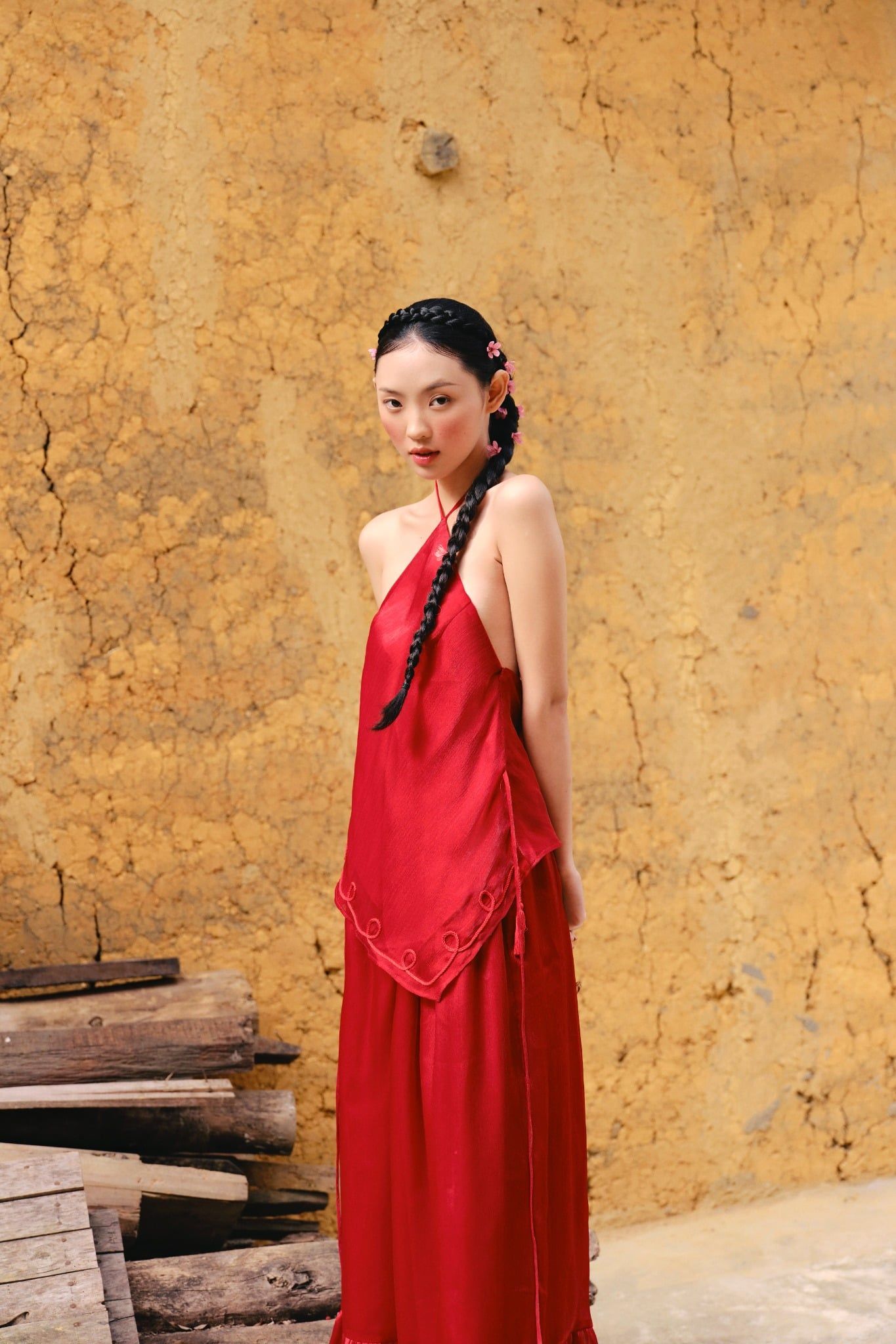 Quần ống rộng Chiffon Wide Leg Pants in Red