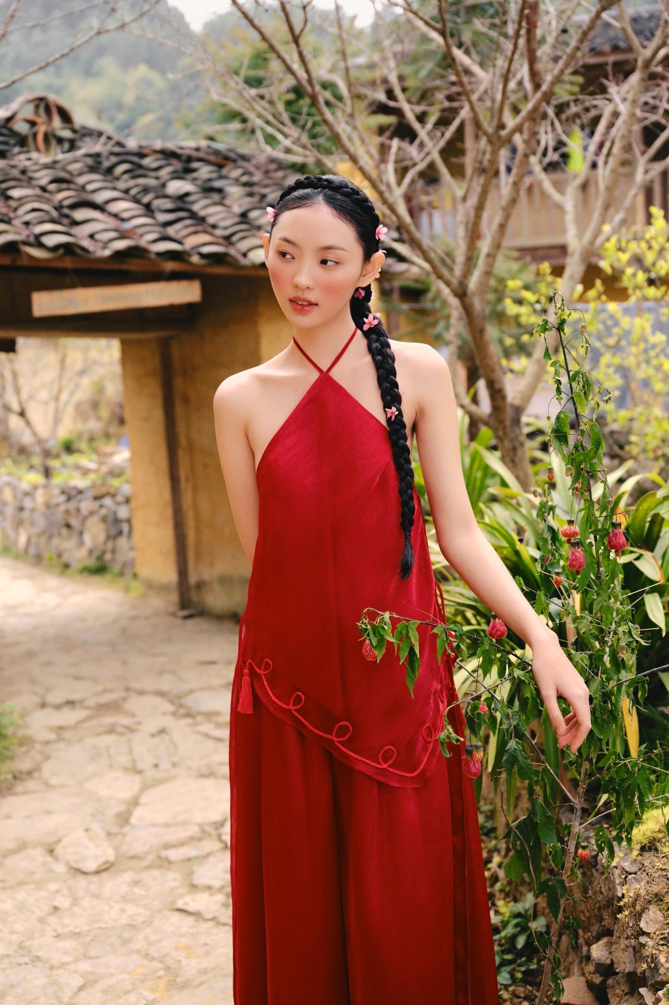 Quần ống rộng Chiffon Wide Leg Pants in Red