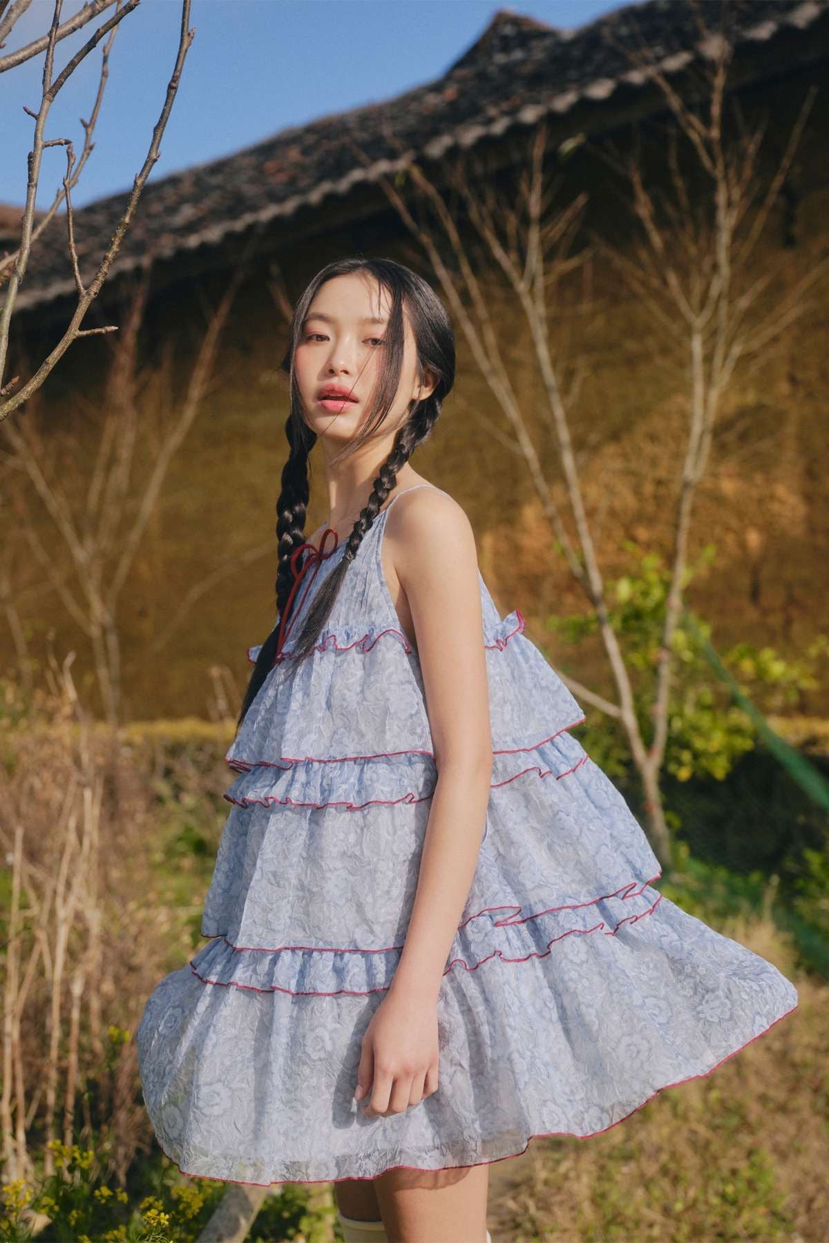 Váy tầng xanh dương Bellamy Fleur Dress in Quilt Blue