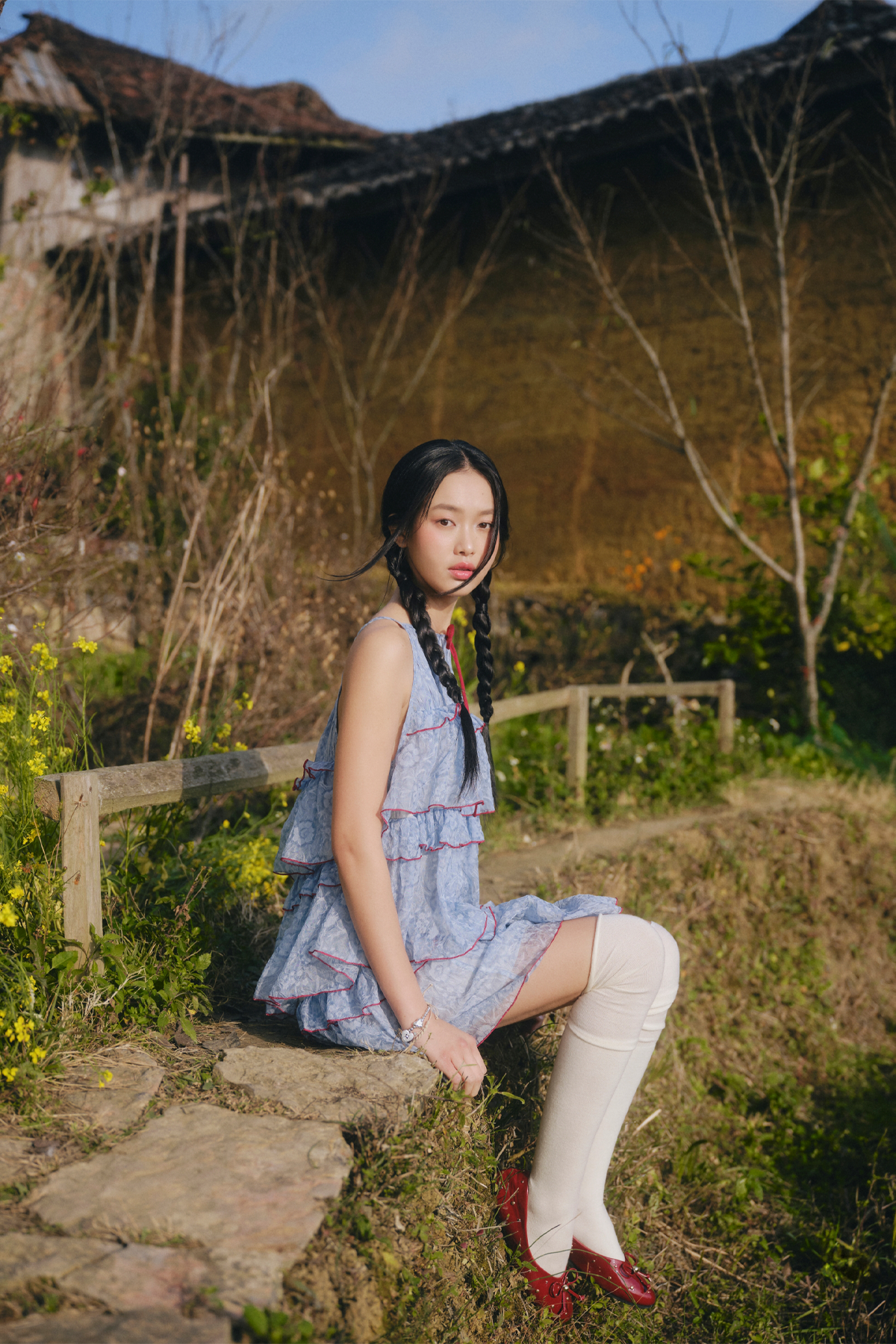 Váy tầng xanh dương Bellamy Fleur Dress in Quilt Blue