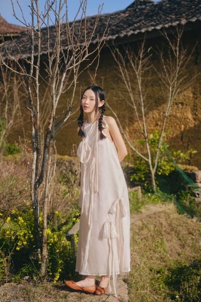  Đầm cổ yếm phối nơ Chiffon Halter Maxi Dress nhiều màu 
