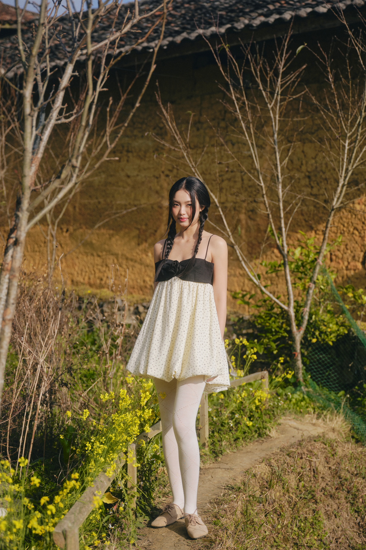 Váy nơ kem Cream Dot Bowey Mini Dress